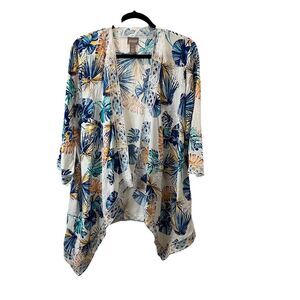 Chicos Size 1 Floral Tropical Palm Leaf Open Front Waterfall Cardigan Kimono M